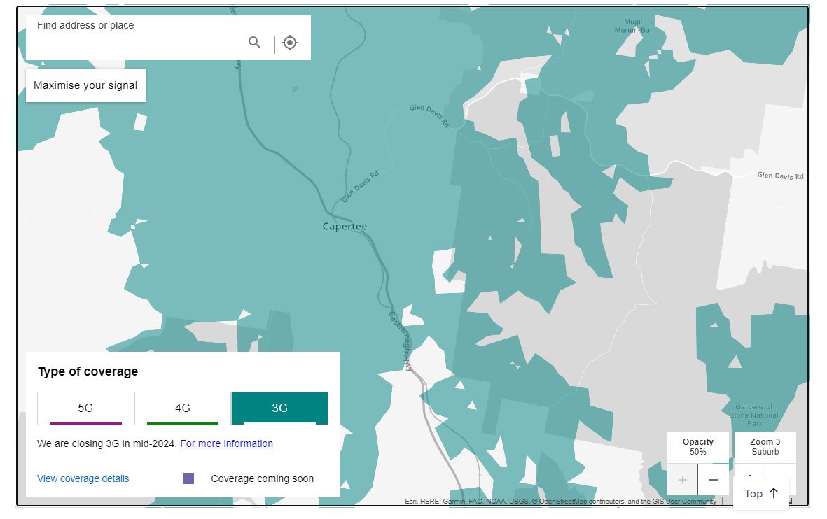 telstra 3g and 4g coverage map for capertee